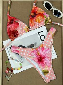 Women's Fashion Floral Print Halter Bikini Set Set - Multicolor - View 2