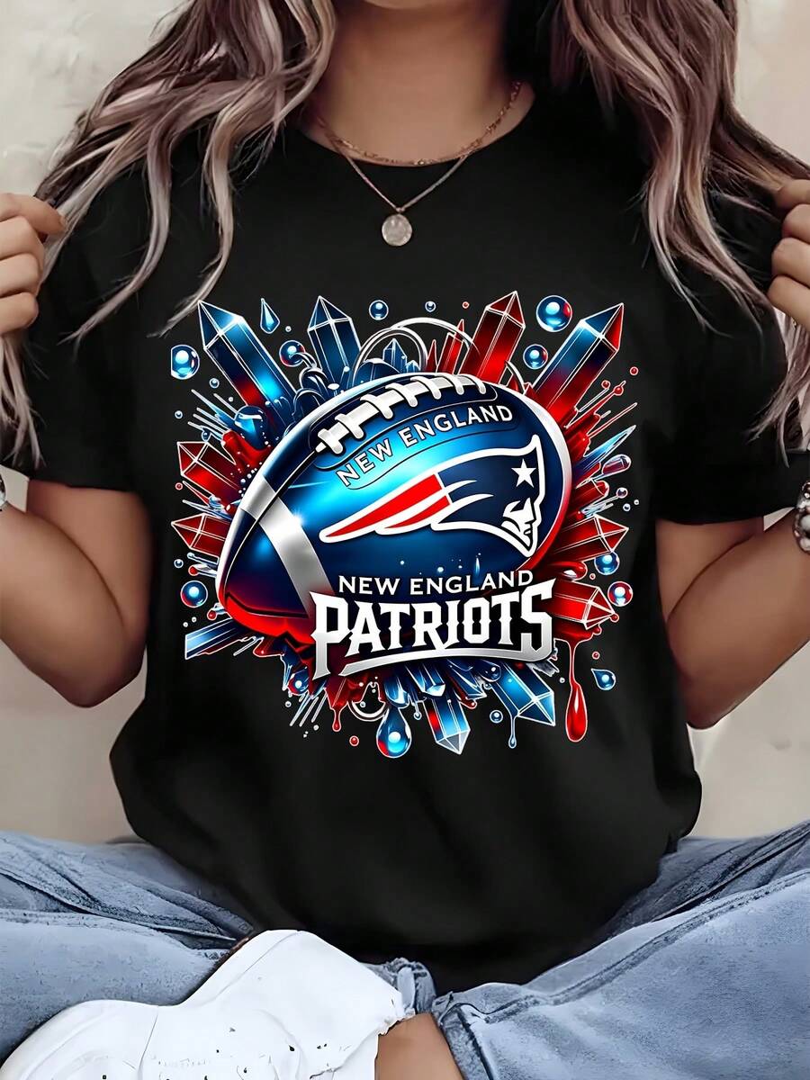 Unisex NewS England Patriots Football Team Logo Print T Shirt For Super BowlS And Sports Fan Events Family Couple Outfits Pure Cotton Comfortable Fabric - màu đen - Xem 1