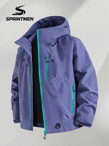 1pc Men's Spring/Autumn Outdoor Functional Hooded Softshell Jacket, Purple Contrast Color, Comfortable Fabric, Drawstring + Multi-Zipper Pockets, Adjustable Hood + Hem, Suitable For Outdoor Hiking, Climbing - Purple - View 2