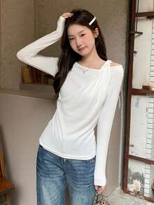 Ruched Shoulder Design Long Sleeve T-Shirt, Women's New Slim Fit Undershirt Top - White - View 2