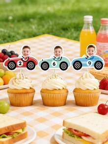 10/25/50/100个个性化赛车照片纸杯蛋糕装饰，人脸纸杯蛋糕装饰，男孩定制赛车纸杯蛋糕装饰，赛车男孩生日派对装饰，趣味装饰