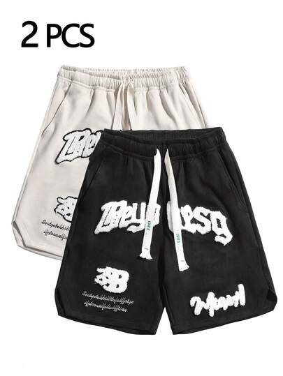 男士刺绣短裤两件套，夏季百搭刺绣及膝裤，运动短裤