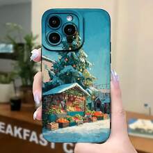 2026 nueva funda de teléfono esmerilada, funda de teléfono con escena de mercado navideño con árbol nevado y estantes de frutas impresa para  17 14 Pro Max  17 13  17 12  Galaxy S23 S22 S21 protector de teléfono funda de pareja regalo para novio novia regalo de vacaciones - Blanco antiguo - Ver 5