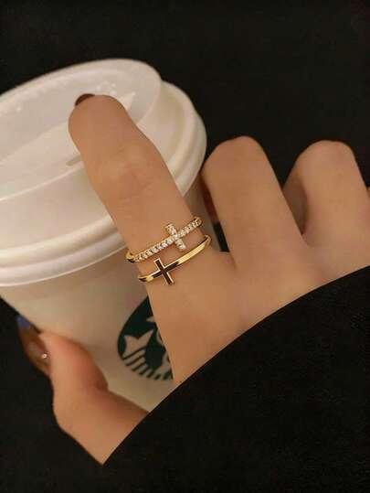 1pc Fashionable Versatile Elegant Copper Cubic Zirconia Double-Layer Cross Copper Ring, Suitable For Women's Daily And Festival Decoration, Best Gift