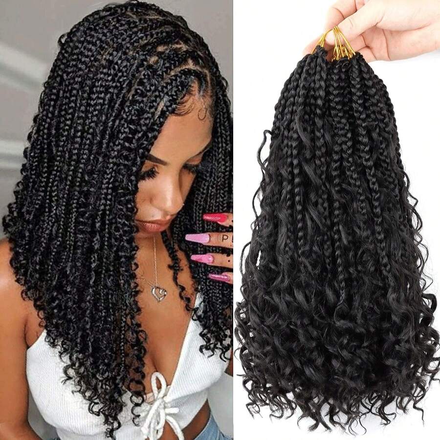 FULCRUM 12/14/18/24 Inch Goddess Boho Box Braids Crochet Hair Bohemian Box Braids With Curly Ends Synthetic Ombre Braiding Hair For Women & Girls - Black - View 1