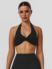 Sodalemon Women's Twist Back Workout Top, V-Neck Padded Solid Color Yoga Casual Sports Bra - Black - View 4