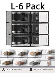 Organizador de zapatos grande (12 unidades) para armario, cajas modulares para ahorrar espacio, contenedores apilables de plástico transparente, vitrinas con tapas, zapatero para guardar zapatillas, color blanco - L-Negro (Engrosado) - Ver 13