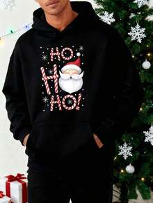 Men's Letter Print Drawstring Hoodie For Autumn - Black - View 1