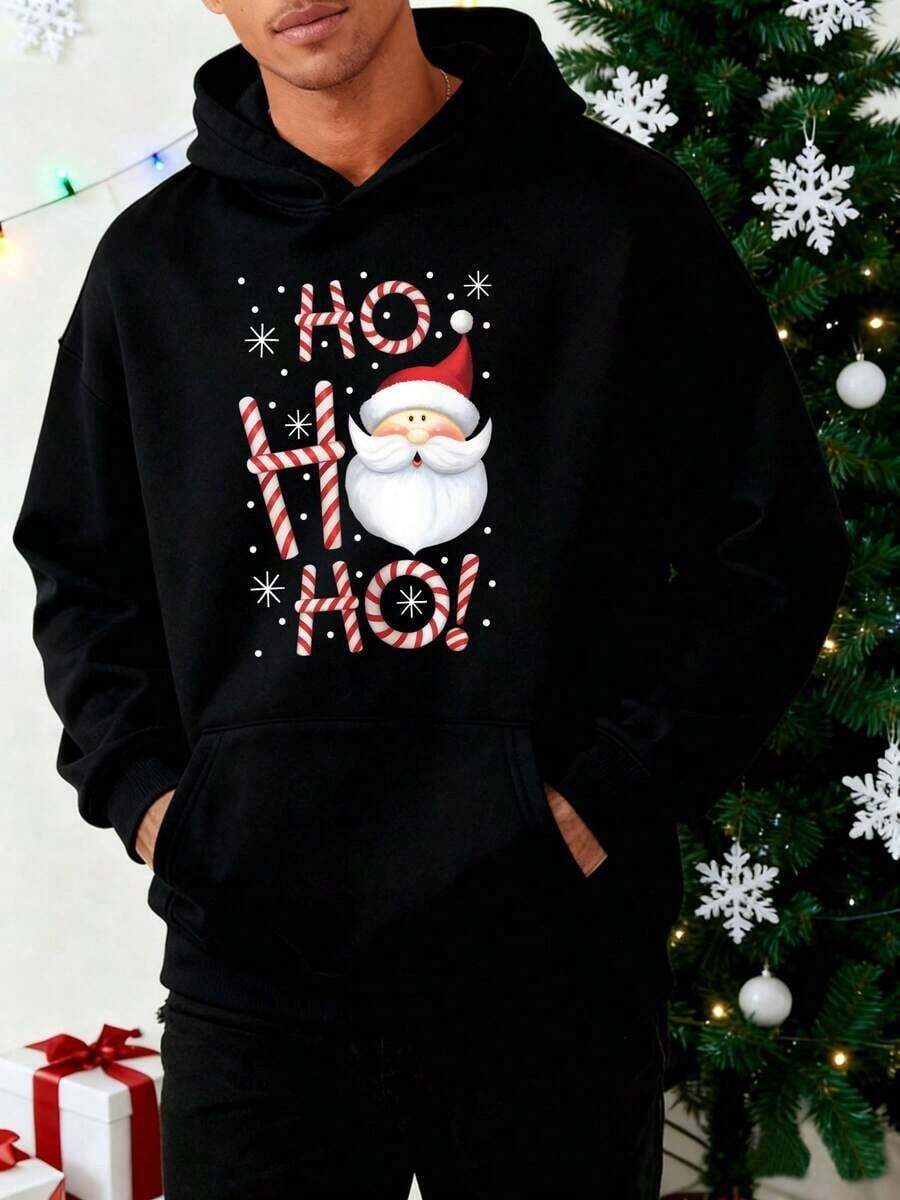 Men's Letter Print Drawstring Hoodie For Autumn - Black - View 1