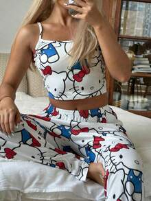 女士印花吊带露脐上衣 + 直筒弹力腰裤睡衣套装（2 件） - 白色 - 查看 1