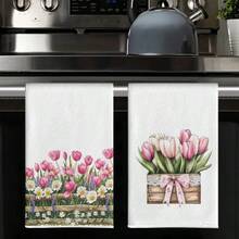 2pcs Tulip Print Kitchen Towel Set, Soft & Highly Absorbent Dish Towels, Cooking Baking Tea Towels, Washcloth, Hand Towels, Kitchen Decor, Neighbor/Mom/Birthday/Housewarming Gift - Purple - View 6
