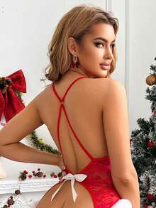 Czerwony damski, świąteczny, z dziurą, z kokardą, z ozdobnym wzorem, kombinezon Teddy, seksowny body, seksowny komplet bielizny