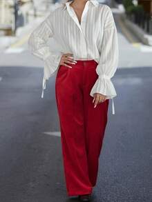 French Jacquard Collar Blouse, Loose Fit Bell Sleeve White Shirt For Commuting, Spring/Autumn - White - View 9