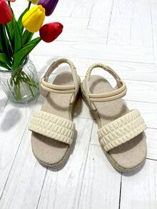 Children's Shoes On , Kids Ruffle High Heel Sandals, Elastic Strap Design For Better Fit, Woven Texture, Soft Non-Slip Soles - Beige - View 6