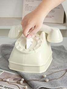 1pc Creative Retro Telephone Shaped Ceramic Tissue Box, White, Suitable For Tabletop Tissue Storage And Decor In Dining Room, Living Room, Office, Bathroom - Multicolor - View 2