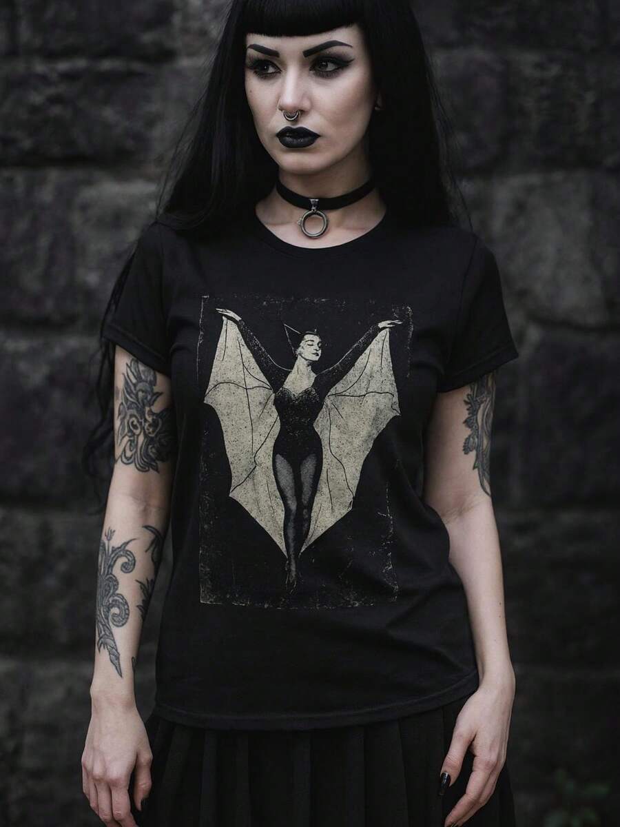 Goth T-Shirt Vintage Bat Lady Shirt Dark Aesthetic Tee Occult Graphic Shirt Gothic Style Bat Tee Gift For Unisex Ladies - màu đen - Xem 1