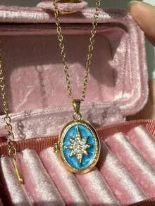 Retro Romantic Gold-Color Asymmetric Photo Box Necklace Colorful Oil-Dipped Heart Shell Necklace Daily Elegant Layered Jewelry For Women, Picture Locket Photo Necklace (No Box) - Multicolor - View 20