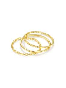 3Pcs 925 Sterling Silver Classic And Minimalist Chain-Style Plain Band Basic Ring Set Fine Jewelry Suitable For Women'S Daily Wear, Parties, Wedding, And Banquet Occasions - Gold - View 6
