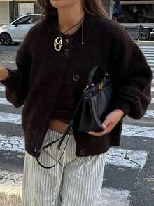 Just Masa Women's Winter Sweater, Brown, Casual & Elegant, Loose Fit Round Neck Long Sleeve Button-Up Cardigan Sweater - Coffee Brown - View 7