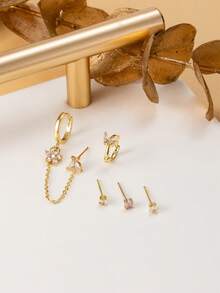 5 pièces Ensemble de boucles d'oreilles simples pour femmes avec fleur, papillon et gland ornés de zirconium, mode et raffiné - Or jaune - Voir 3