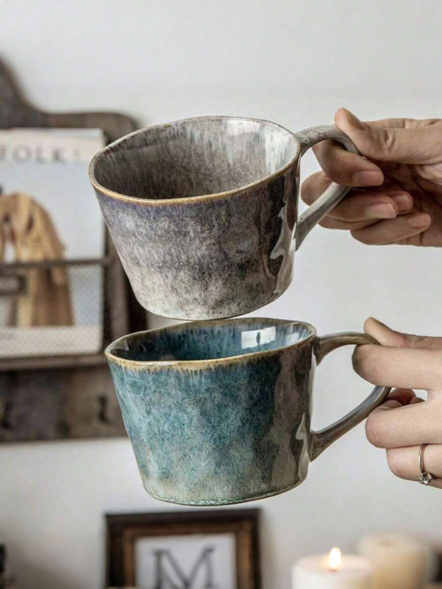 2 件套情侣马克杯，带反应釉，水彩图案陶瓷水杯，礼物，家用咖啡杯，牛奶杯，燕麦杯 - 彩色 - 查看 1