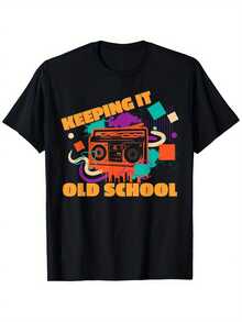 Old School Boombox Retro Graphic T-Shirt - Unisex 100% Cotton, Regular Fit, Vintage Inspired Casual Tee With Bold Orange Print And Colorful Splatter Design, Slightly Stretchy, Machine Washable, Sizes S-XXXL, Casual Wear | Vintage Style | Slight Stretch - 黑色 - 查看 1