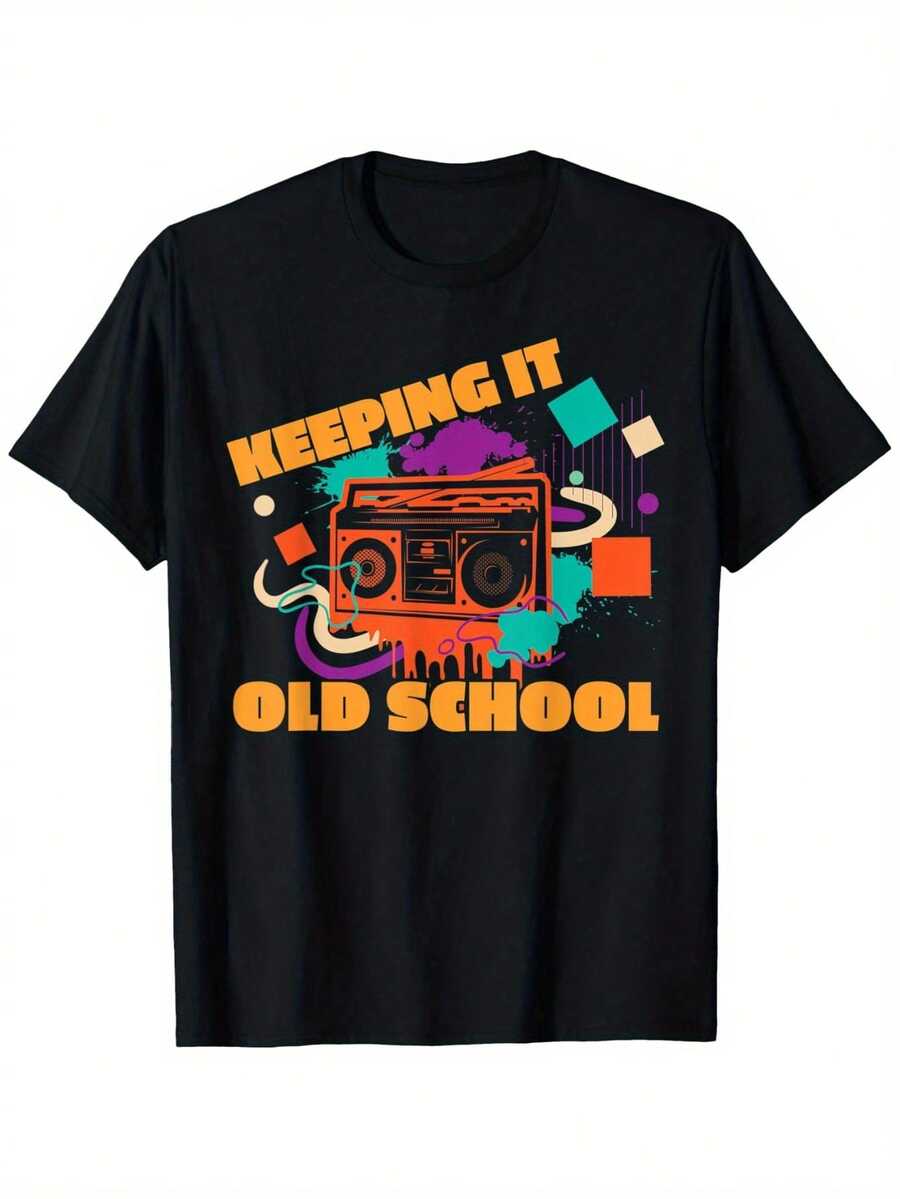 Old School Boombox Retro Graphic T-Shirt - Unisex 100% Cotton, Regular Fit, Vintage Inspired Casual Tee With Bold Orange Print And Colorful Splatter Design, Slightly Stretchy, Machine Washable, Sizes S-XXXL, Casual Wear | Vintage Style | Slight Stretch - 黑色 - 查看 1