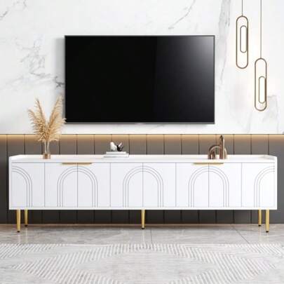 TV Unit, Low Cabinet With Textured Door, TV Furniture, Gold Handles And Gold Legs, 170 L X 35 W X 47.5 H (Cm)