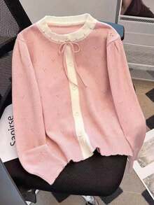 JIANHU New Spring Sweet Round Neck Knitted Cardigan Women Short Versatile Drawstring Sweater Coat Fresh Style Spring