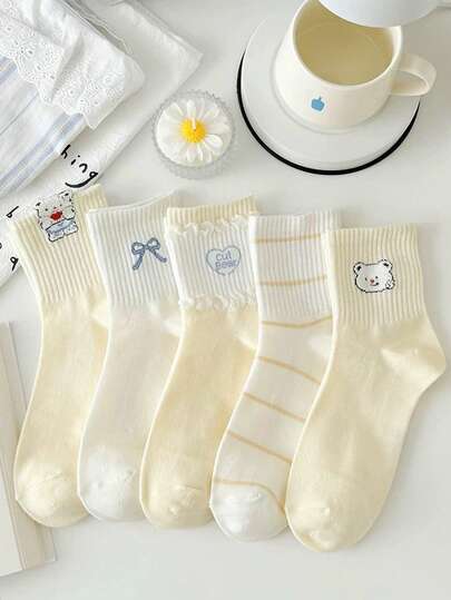 4 Pairs Soft & Fashionable Seasonal Socks, Women's Mid-Calf Socks With Cartoon Bear & Bow Patterns, Assorted Colors, Suitable For Autumn/Winter