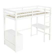 Children's Loft Bed With Desk, Drawers And Storage Shelf, Four-Step Ladder, Pine And MDF, White, 90 X 200 Cm - White + Solid Wood + Medium-density Fiberboard - View 8