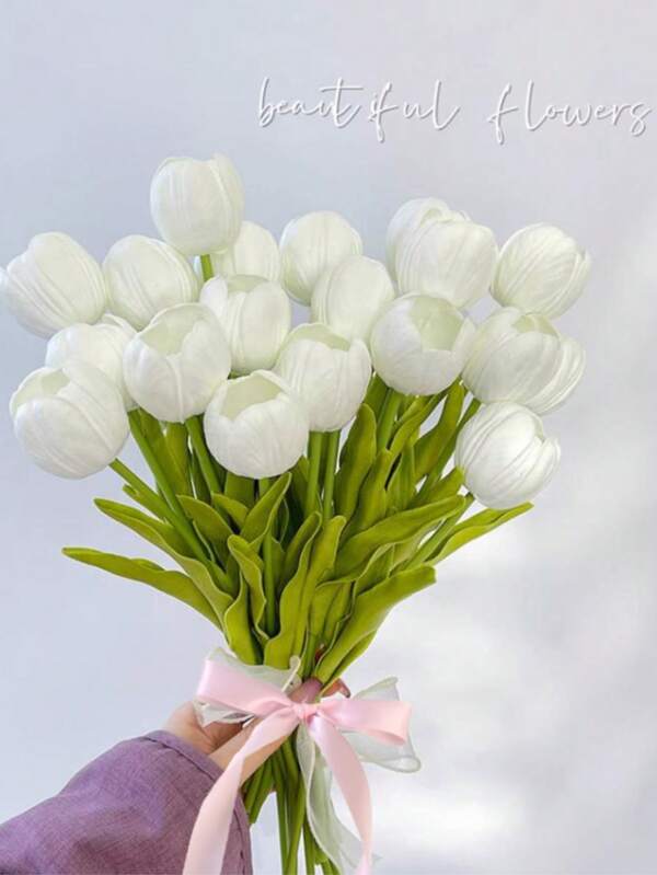 6pcs Realistic White Tulip Artificial Flower Bouquet, Lifelike Plastic Fake Flowers For Home, Office, Wedding, Engagement, Spring Decor, St. Patrick's Day, Easter Decoration