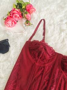 Body de encaje y malla sexy sin espalda para mujeres, camiseta sin tirantes de modelado para el verano - Burdeos - Ver 10