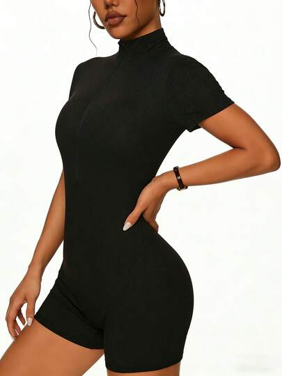 女士运动户外跑步半拉链连体裤 黑色短袖运动服 紧身瑜伽跑步健身连体裤