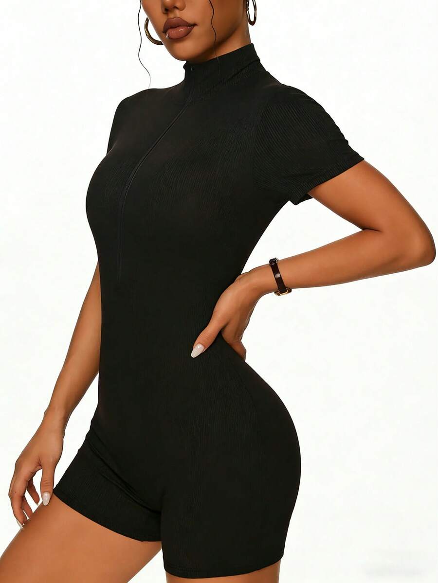 女士运动户外跑步半拉链连体裤 黑色短袖运动服 紧身瑜伽跑步健身连体裤