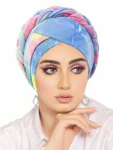 1pc New Fashion Women Tie-Dye Braided Turban Hat, Tie Dye Color Headband Cap, In Europe And America Hair Sleep Cap Sleep Bonnet - Multicolor - View 6