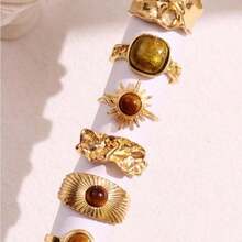 6-Piece Irregular Geometric Unique Design Women's Ring Set Sunflower Tiger Eye Stone Ring Set, Suitable For Gatherings, Vacations, Gifts, And Daily Life - Vàng-1 - Xem 3