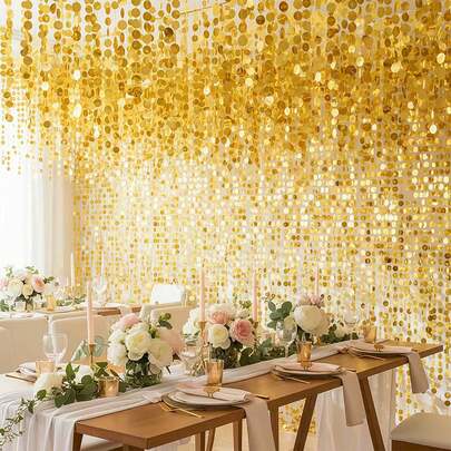 5 件/套，5 米，金色，闪亮，璀璨，梦幻婚礼，PVC 亮片悬挂装饰，婚礼门廊背景装饰，房间隔断帘，适用于家庭节日派对和庆祝活动，婚礼装饰，婚礼饰品，招待会，家庭庆祝活动，派对装饰，闪亮细节，装饰珠子，塑料亮片，手工细节，亮片窗帘，悬挂帘，节日购物，家居装饰。