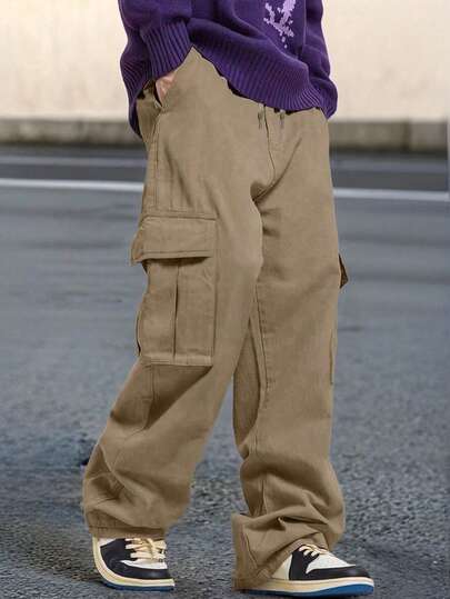 男士纯色户外工装裤，多口袋设计，抽绳腰带，弹性腰围，适合户外休闲穿着，是送给丈夫或男友的理想礼物。