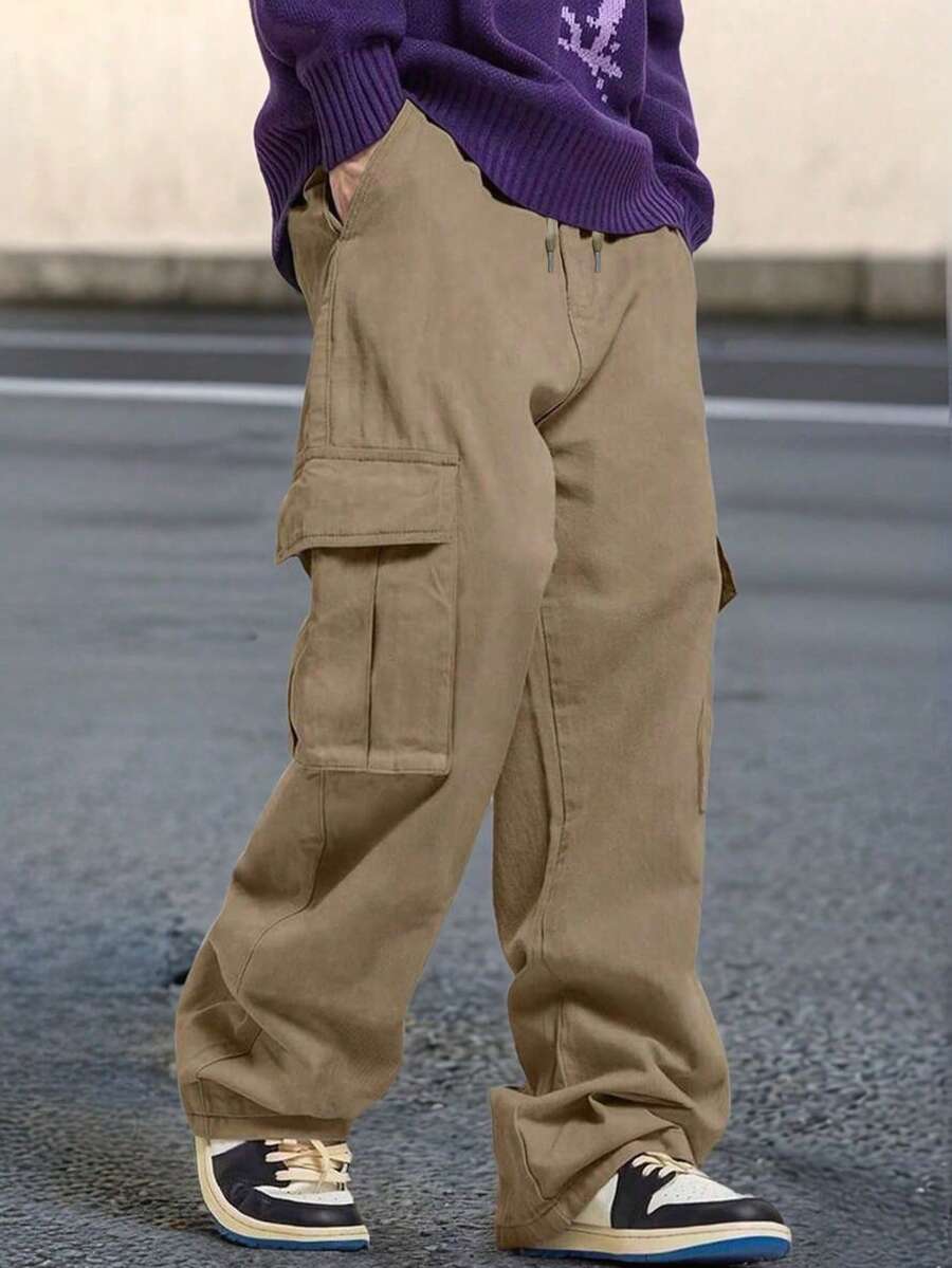 男士纯色户外工装裤，多口袋设计，抽绳腰带，弹性腰围，适合户外休闲穿着，是送给丈夫或男友的理想礼物。 - 卡其色 - 查看 1