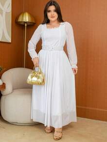 Long Tulle Dress, Plain Fabric, With Belt, For Weddings Or Holidays. - 白色 - 查看 1