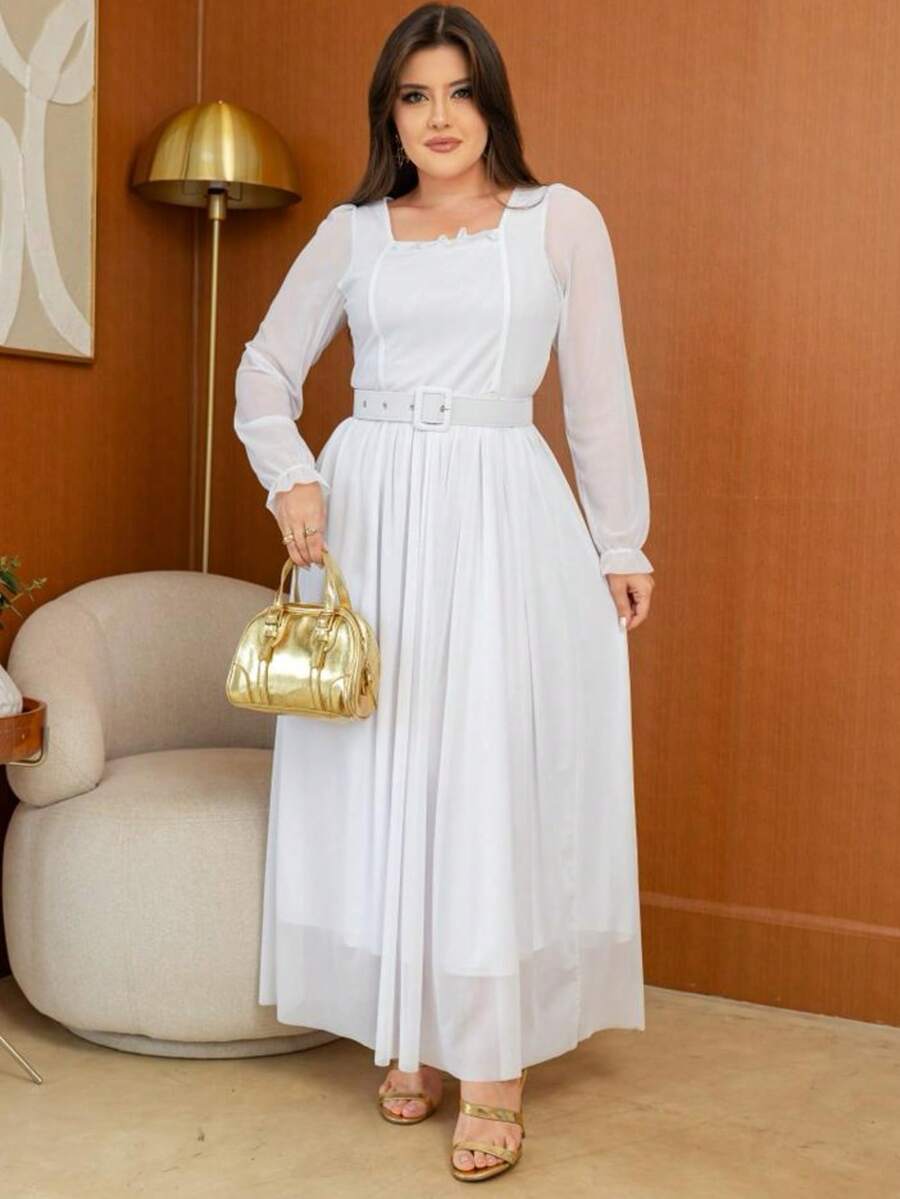 Long Tulle Dress, Plain Fabric, With Belt, For Weddings Or Holidays. - 白色 - 查看 1