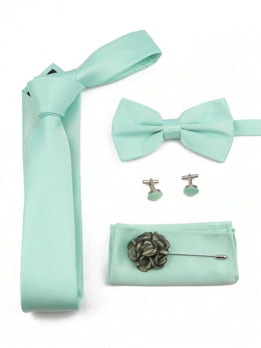 5pcs/Set Light Green Groomsmen Tie Set, Including Tie, Bow Tie, Pocket Square, Boutonniere, Cufflinks, Stylish Wedding Attire - Cadet Blue - View 1