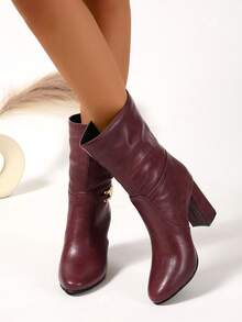 Burgundy Chain Buckle Slip-On High Heel Chunky Round Toe Elegant Versatile New Autumn/Winter Fashion Ankle Boots For Women - Burgundy - View 4