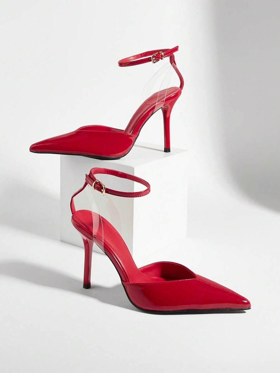 Sexy Buckle Criss-Cross Strap Party Minimalist Chic Commute Sexy Buckle Party Banquet Red Patent Leather Strap Stiletto High Heels - Red - View 1