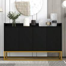 Modern Minimalist Sideboard, 4-Door Handleless Buffet For Dining Room, Living Room, Kitchen (White) - 黑色 - 查看 2