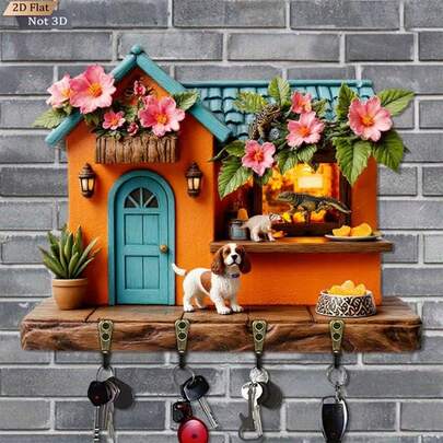 1pc Rustic Miniature House Key Holder With 4 Metal Hooks & Cute Animal Figurines-Like Cutouts (Dog, Rabbit, Turtle) - Turquoise Blue Roof & Pink Hibiscus Wall-Mounted Organizer For Keys, Doors, Porch - , 2D Flat, Key Holder Wall Mount, Key Rack, Wall Key Holder, Wall Decor, Key Holder Wall Mounted, Wall Decoration
