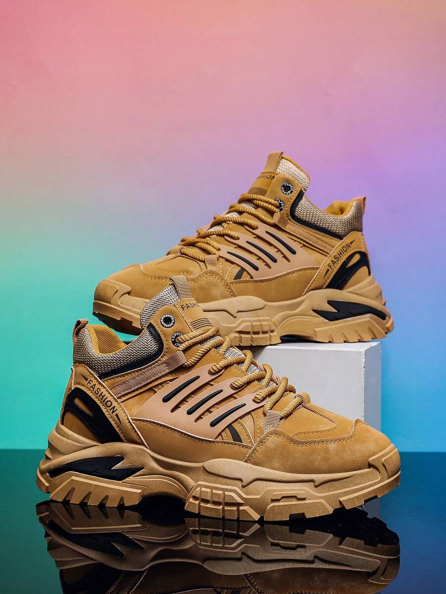 Brown Sneakers, Men's Casual Sneakers, New Fashionable Sneakers, Comfortable, Versatile Thick-Soled Heightening Sneakers Mid Top Lace Up Men's Hiking Shoes - Yellow - View 1