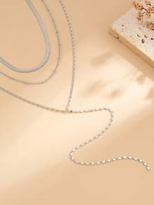 1 Set Of 3pcs Y-Shape Tassel Chain Necklace Set, Minimalist Hiphop Silver Metal Snake Bone Chain Necklace Suitable For Women Daily, Party, Vacation Wear - Silver - View 5