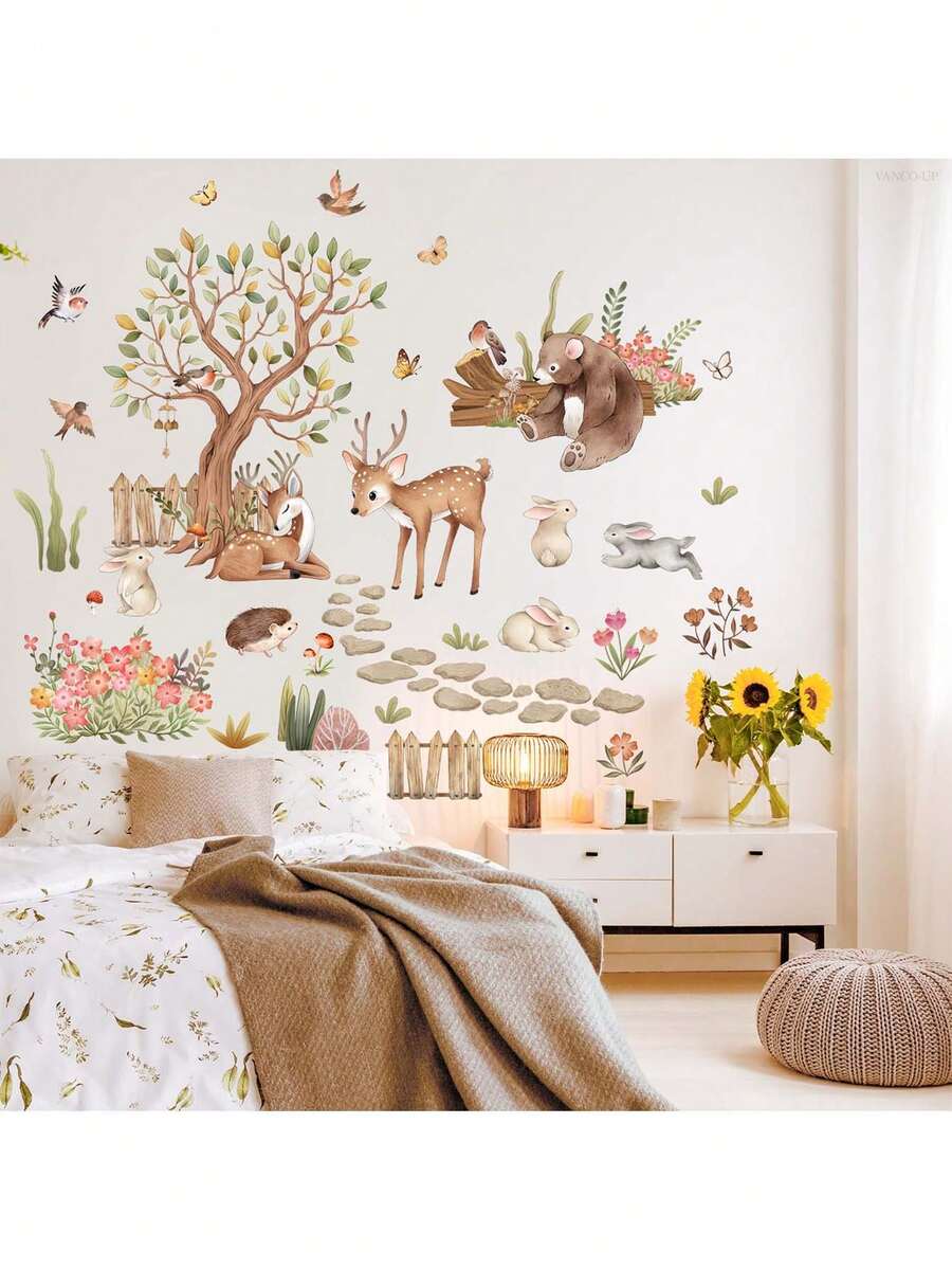 Autocolante de perete cu tematică de pădure, cu animale de desene animate, copaci și grădini, o temă distractivă și naturală, potrivite pentru decorarea camerei de zi, a dormitorului, a pereților, a casei și decorațiuni imaginative. Decor autoadeziv pentru casă. - Multicolor - Vizualizare 1